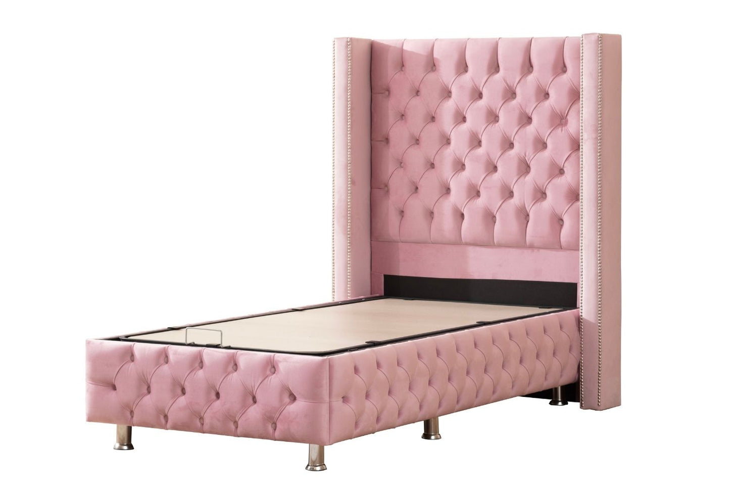 Lit Coffre Enfant CLOUTE Velours Rose