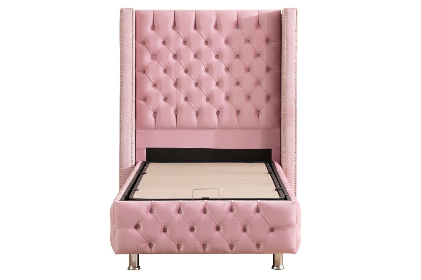 Lit Coffre Enfant CLOUTE Velours Rose