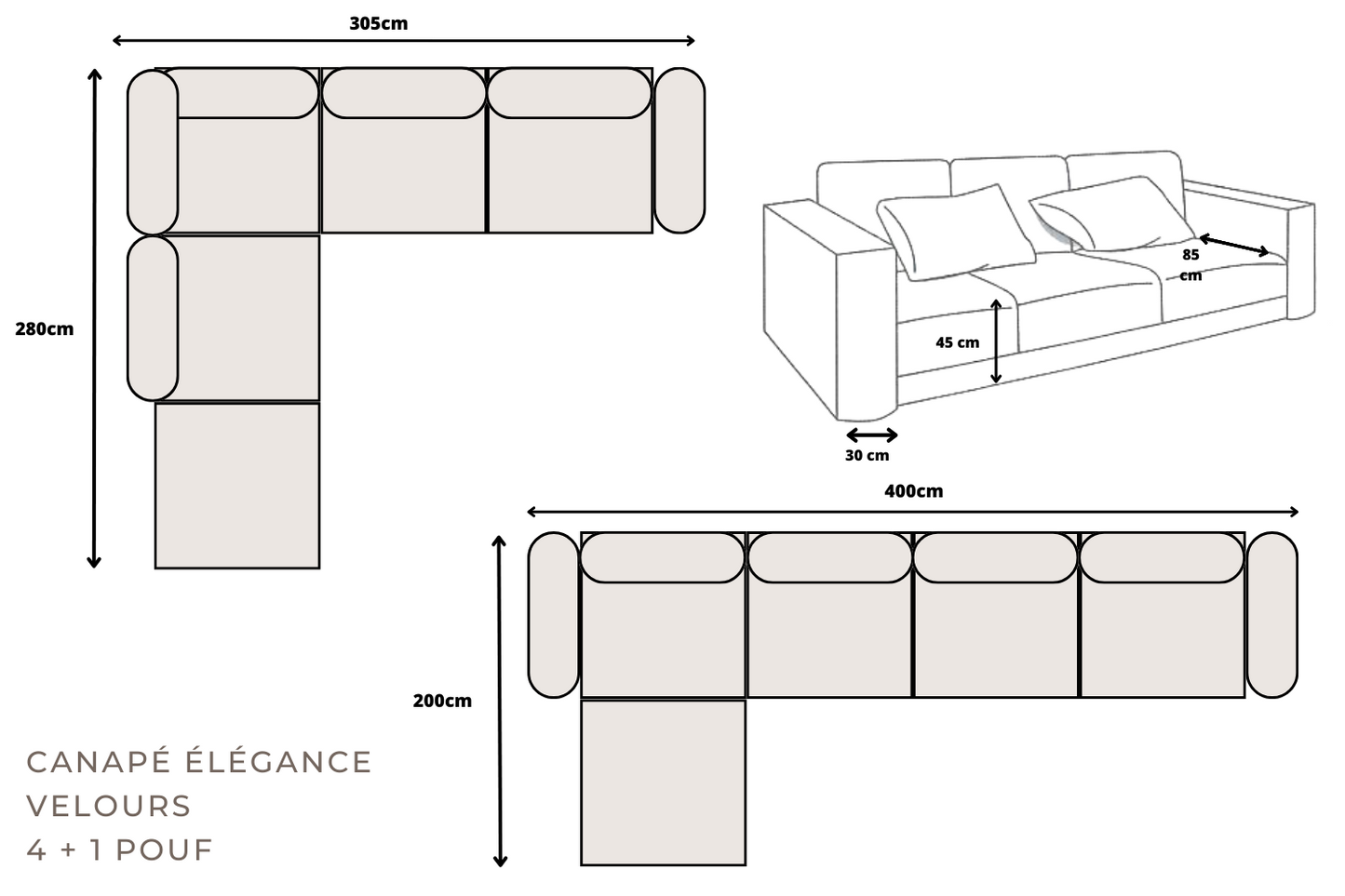 Canapé Elégance Velours Modulable 4+1 Pouf